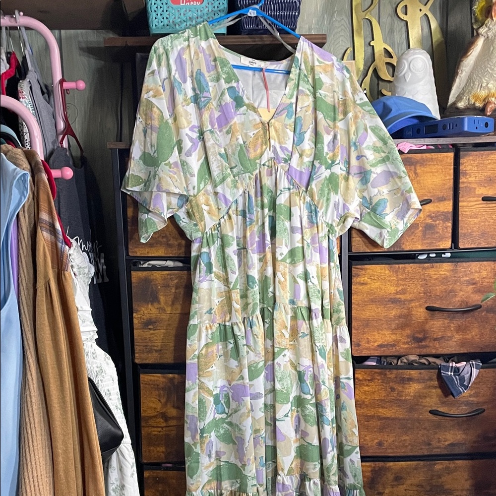 entro Pastel Floral Maxi Dress in Green, Lavender, Cream, and Yellow